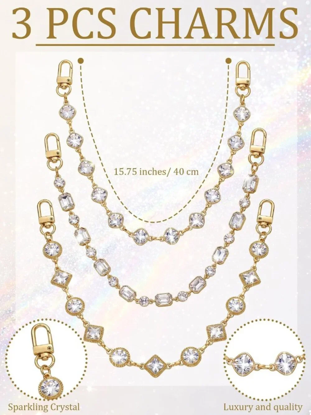 3pcs Rhinestone Bag Chain Charms Set - Clear Crystal Detachable Purse